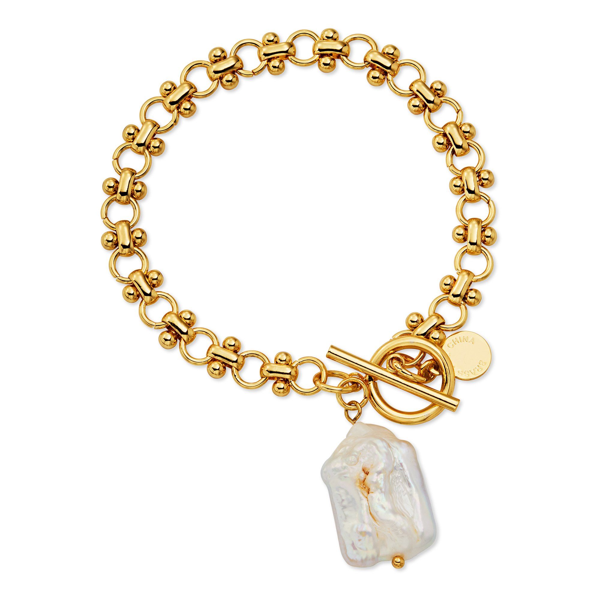 Scoop Brass Yellow Gold-Plated Imitation Pearl Link Toggle Bracelet, 7.5'' | Walmart (US)