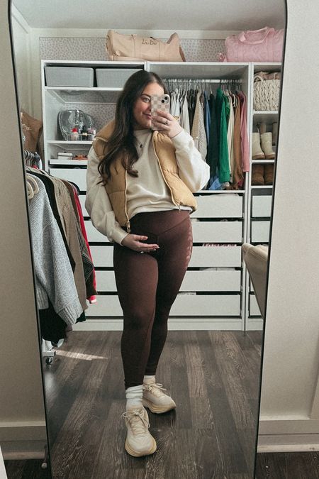What I Wore This Week: 25 Weeks Pregnant 
Perfect bump friendly non-maternity pregnancy outfit for running errands 
Crossover leggings, oversized sweatshirt and cropped vest with scrunchy socks and neutral hokas 

#LTKbump #LTKfindsunder100 #LTKshoecrush