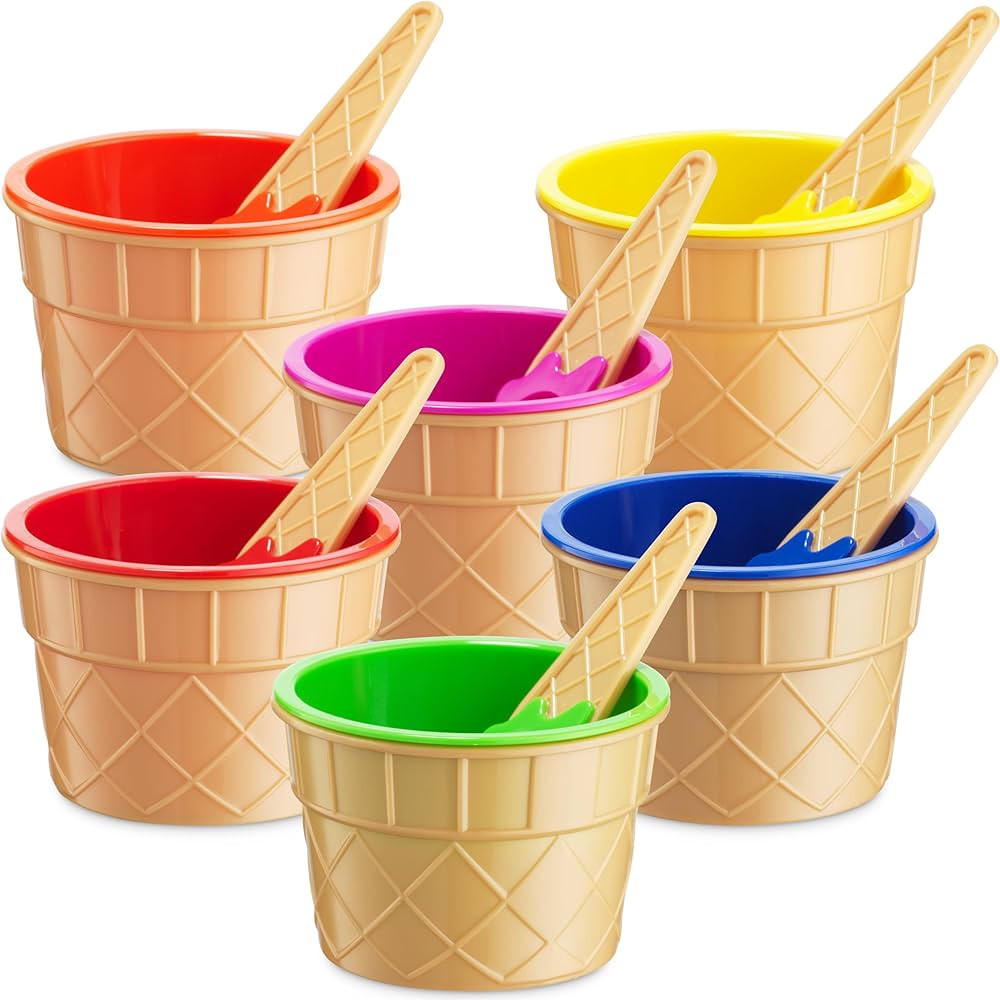 JoyServe Ice Cream Bowls and Spoons Set - (Pack of 6) Reusable Plastic Ice Cream Cups and Waffle ... | Amazon (US)