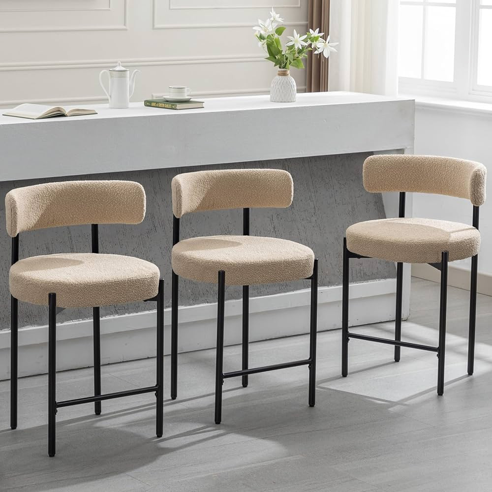 Counter Height Bar Stools, 24'' Beige Bar Stools Set of 3, Boucle Barstools with Back, Mid-Centur... | Amazon (US)