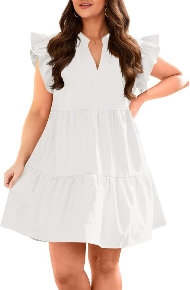 Fisoew Plus Size Dresses for Women Summer Ruffle Short Sleeve V Neck Dress Tiered Swing A Line Ba... | Amazon (US)