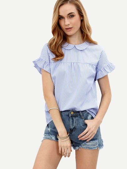 Blue Striped Peter Pan Collar Short Sleeve Blouse | SHEIN