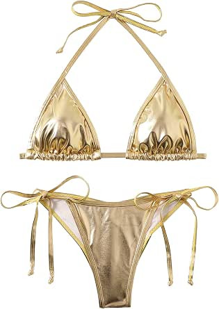 Women's Liquid Metallic Rainbow Bikini Sets Shiny String Padded Triangle 2 Pieces Swimsuit Set | Amazon (US)