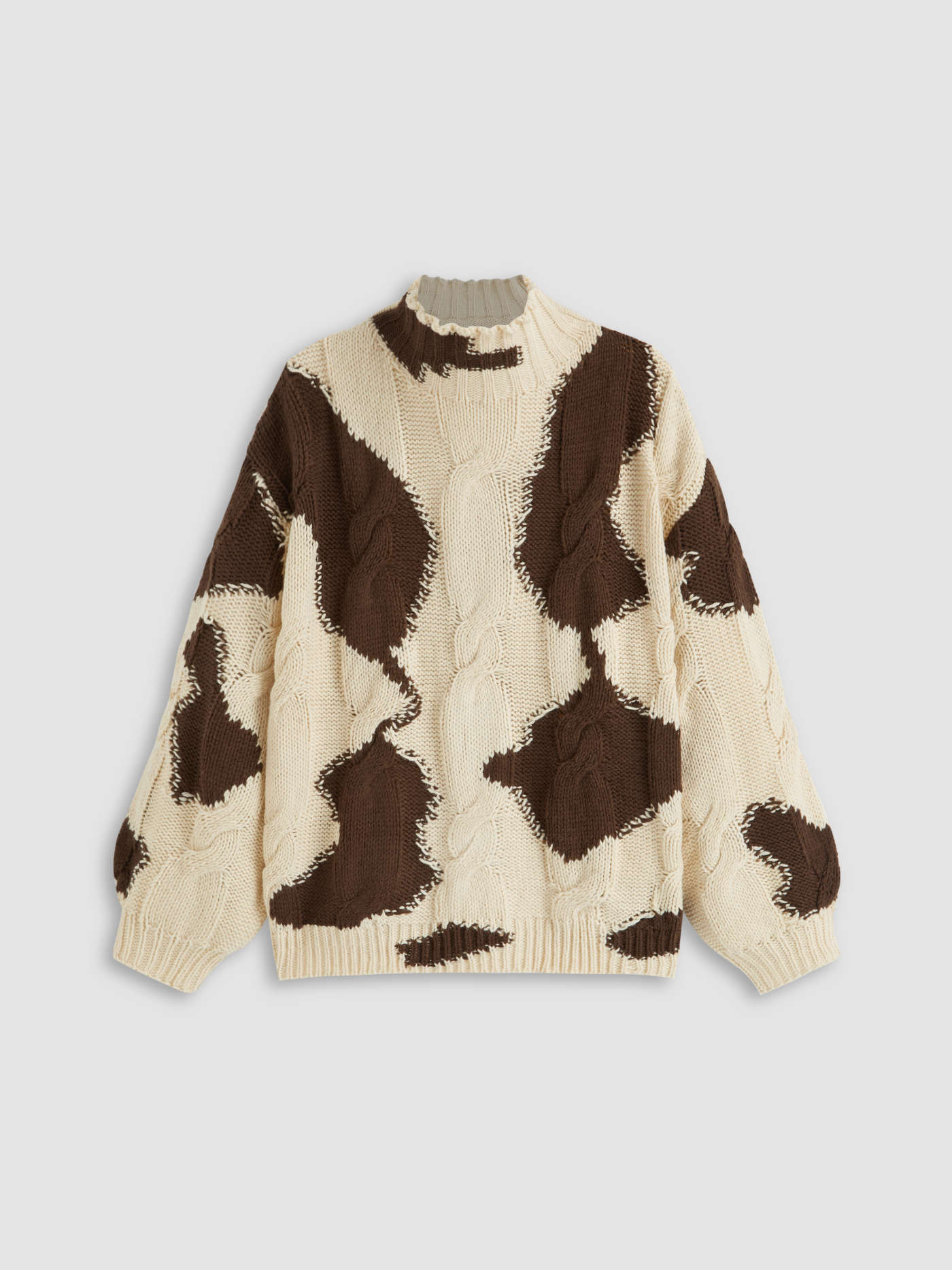 Cable Knit High Neck Cow Print Long Sleeve Sweater | Cider