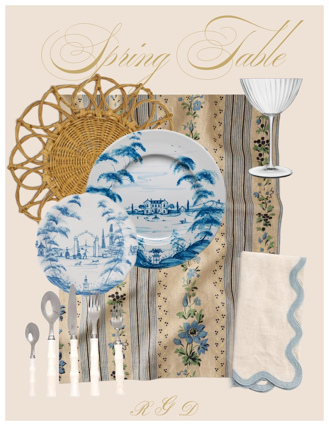 Spring / Easter table inspiration! Love this linen tablecloth and rattan chargers and blue and white dishes. 

#LTKHome #LTKSeasonal
