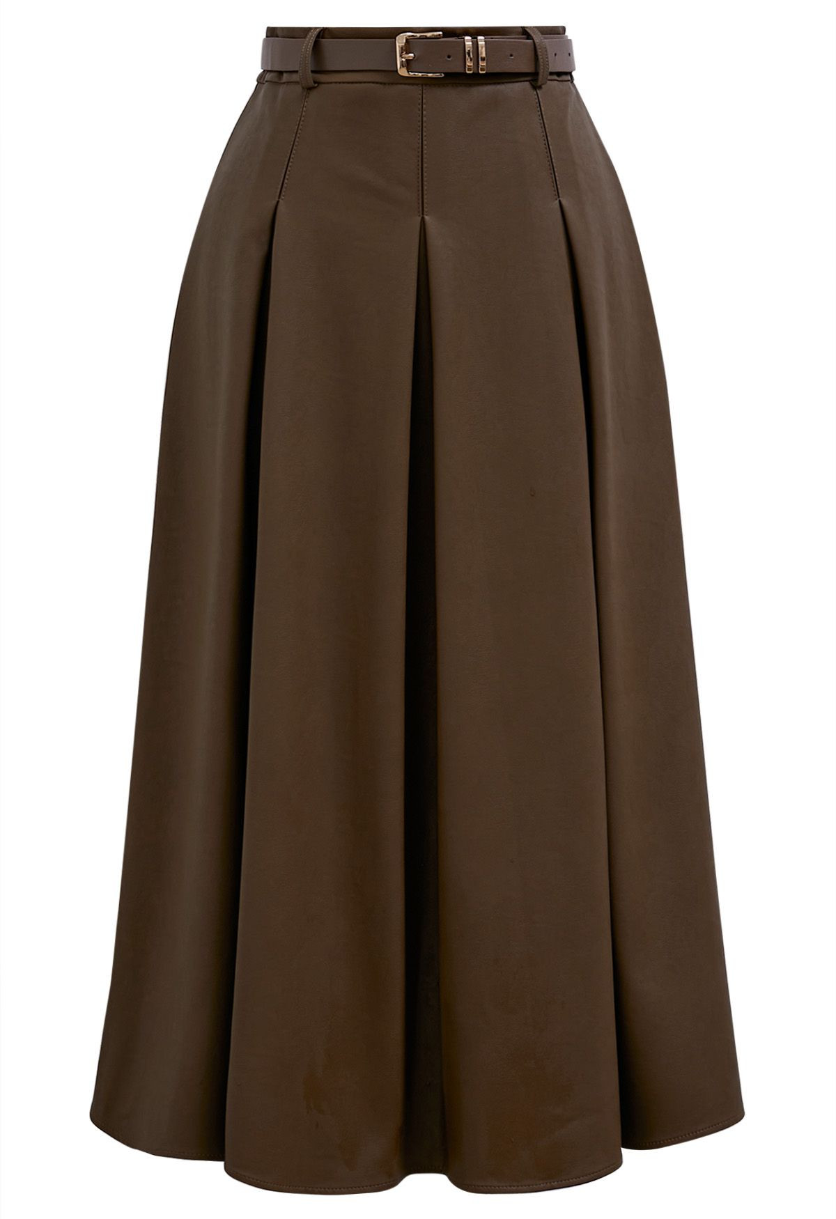 Faux Leather Pleated Belted Midi Skirt in Khaki | Chicwish
