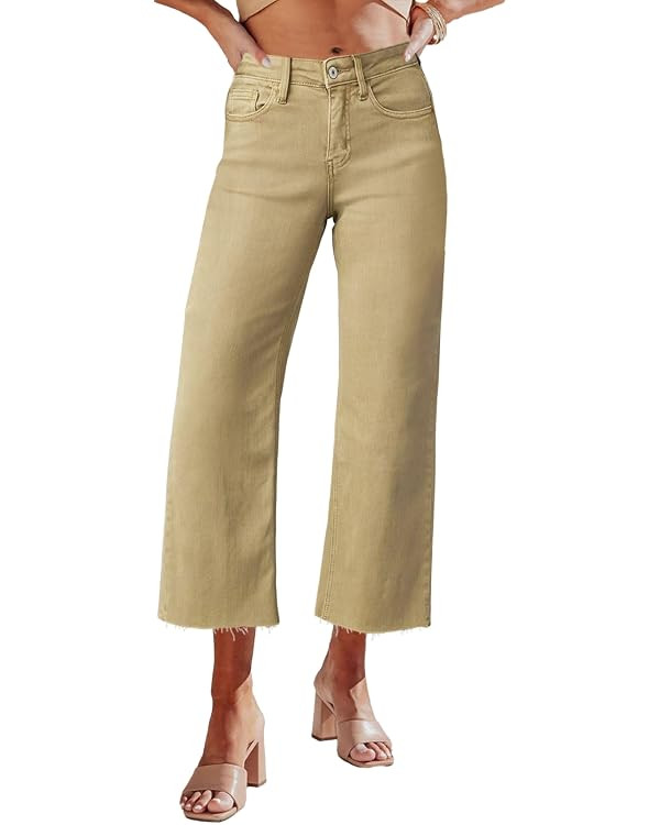 Allimy Women's High Waisted Wide Leg Ripped Capri Jeans | Allimy Women's Jeans Pants Straight Wid... | Amazon (US)