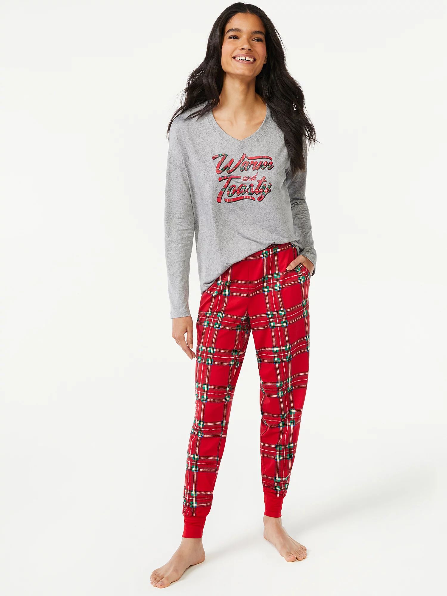 Joyspun Women's Long Sleeve Sleep Top and Jogger PJ Set, 2-Piece, Sizes up to 3X | Walmart (US)