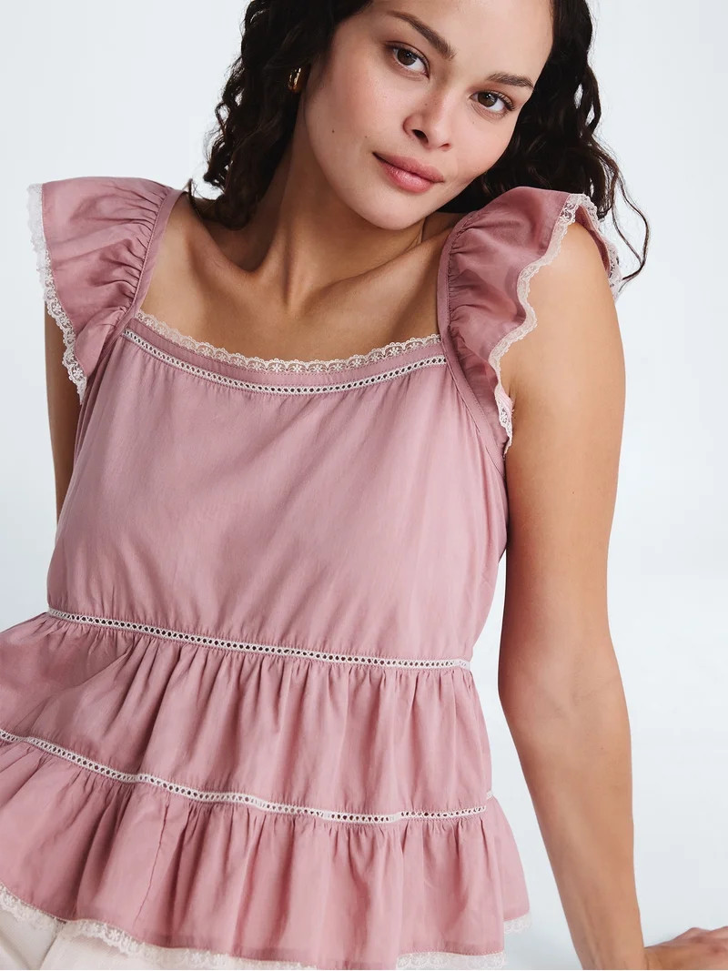 Scoop Women\u2019s Flowy Lace Cotton Top, Sizes XS-XXL | Walmart (US)