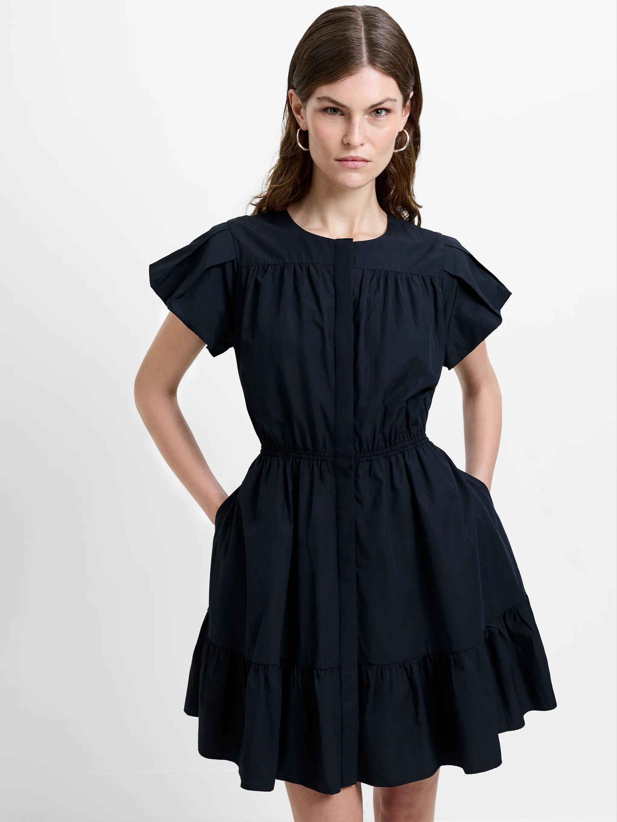 Era Poplin Flutter Sleeve Tiered Black Mini Dress | French Connection (UK)