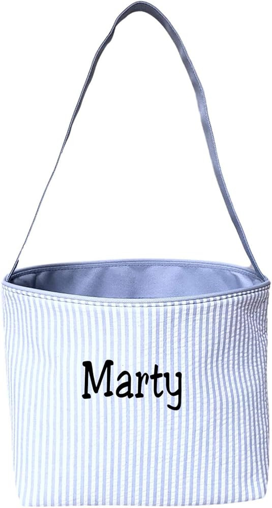 SONA G DESIGNS Personalize with a Name Seersucker Stripe Fabric Easter Basket Bucket Tote Bag - E... | Amazon (US)