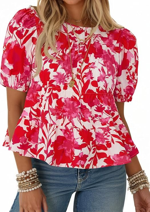 Tankaneo Womens Puff Sleeve Peplum Babydoll Tops Summer Floral Print Pleated Cotton T-Shirts Casu... | Amazon (US)
