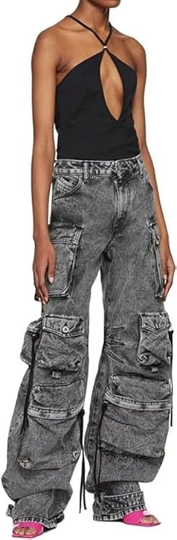 Ponitrack Multi-Pocket Jeans Washed Cargo Pants Y2k Retro High Street High Waist Jeans Casual Wide Leg Parachute Pants | Amazon (US)