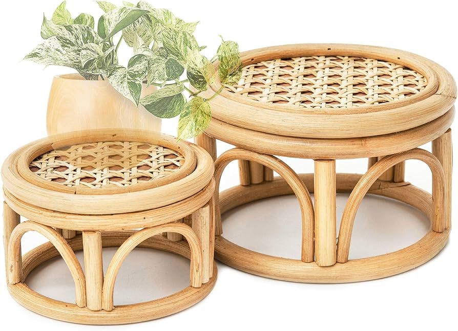 Set of 2 Small Boho Rattan Wicker Round Riser Plant Stand Indoor,Rustic Farmhouse Natural Wooden ... | Amazon (US)