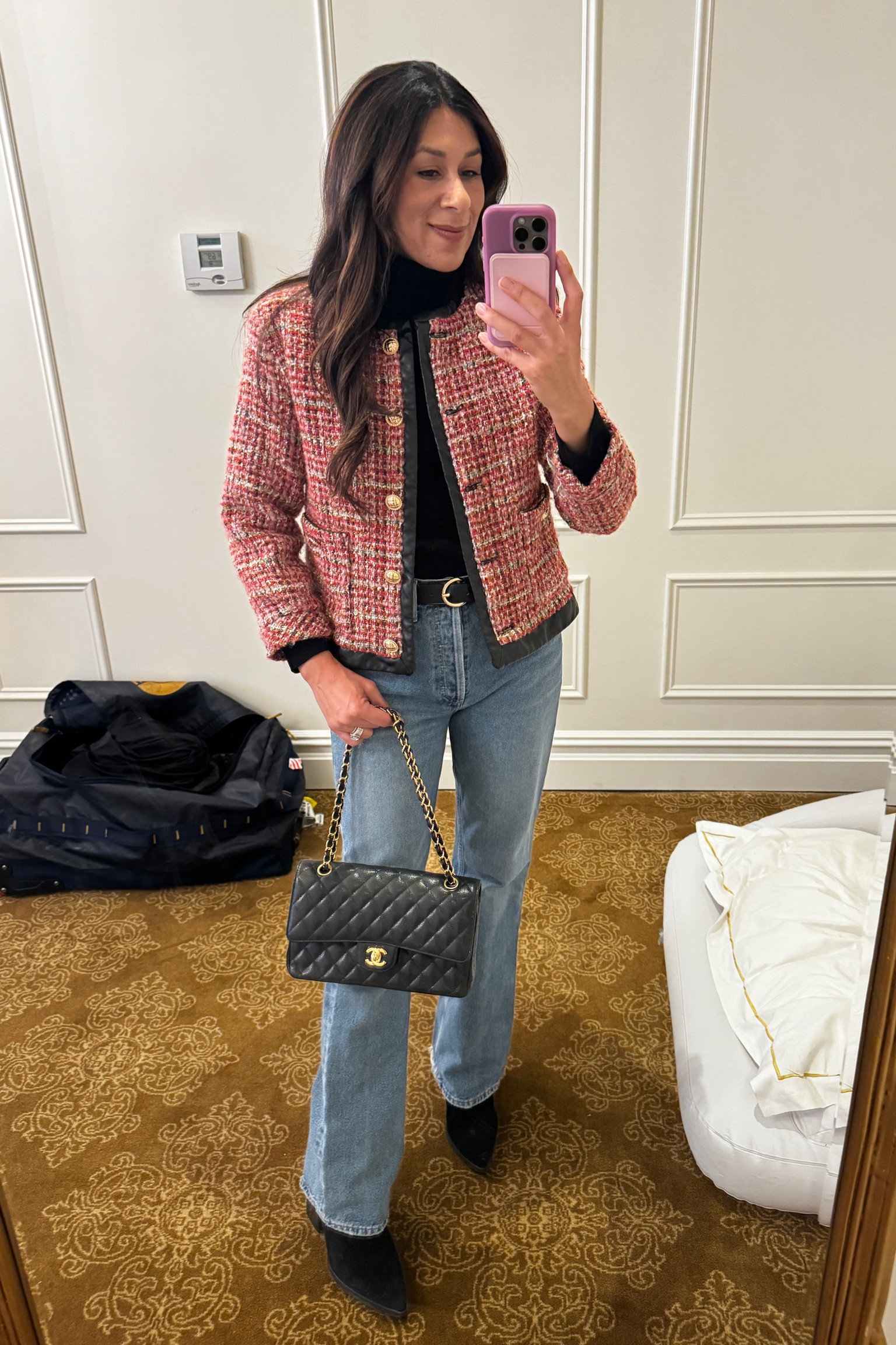Channeling timeless chic with this elevated casual look ✨
A statement tweed jacket pairs perfectly with a sleek black turtleneck and classic straight-leg denim. Styled it with pointed-toe boots and my favorite quilted Chanel bag for a polished finish. Perfect for a day of city strolling or an elegant coffee date! 💕

Would you rock a tweed jacket this season? Let me know your thoughts! 🖤

#OOTD #ChicStyle #EffortlessFashion #TravelnSparkle #ChanelLove

#LTKStyleTip #LTKWorkwear #LTKSeasonal