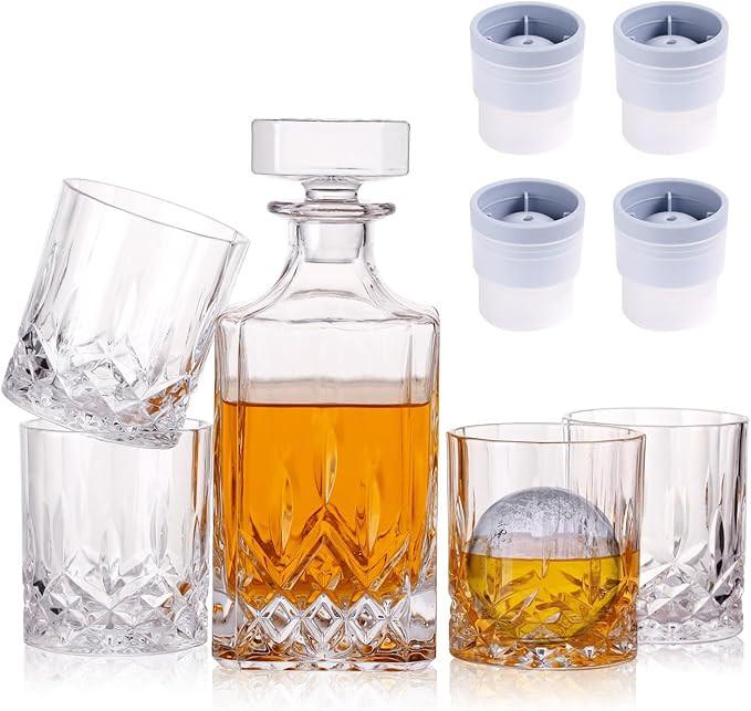 Crystal Whiskey Decanter Set In Gift Box - Includes 4 Crystal Whiskey Glasses and 4 Big Ice Ball ... | Amazon (US)