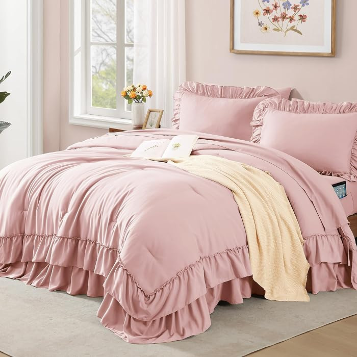 AMBERSPACE Queen Comforter Set Soft Pink, Ruffle Shabby Chic Bedding Set Farmhouse 7 Pieces, All ... | Amazon (US)