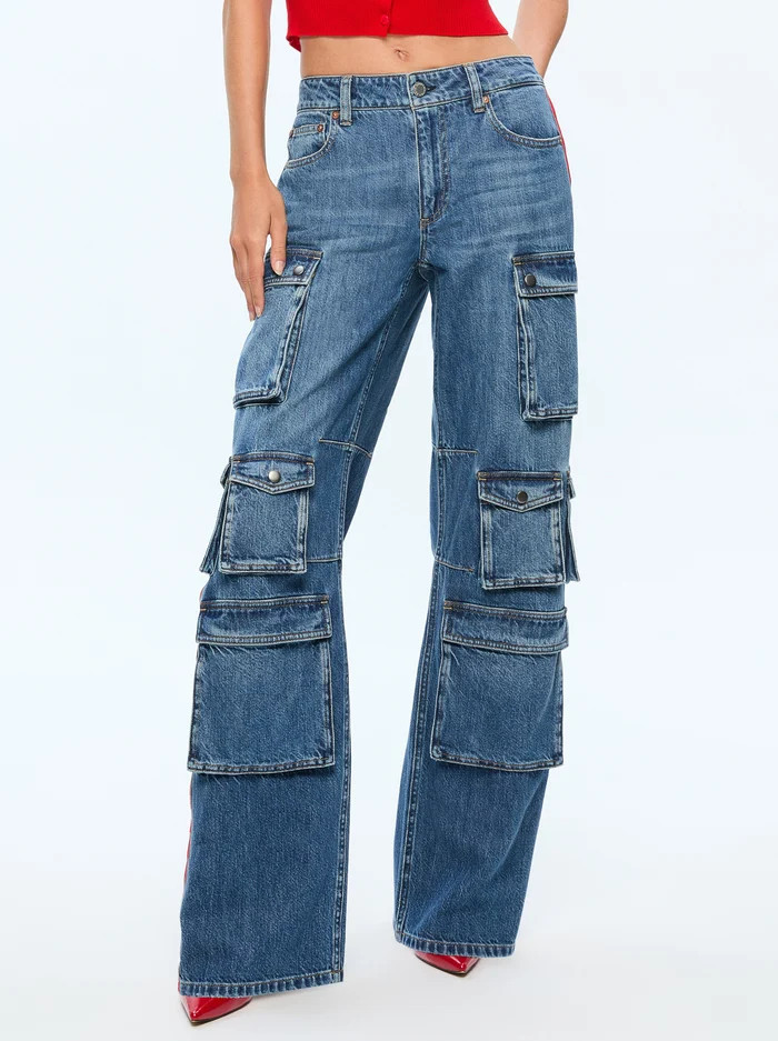 OLYMPIA MID RISE BAGGY CARGO JEAN WITH SIDE STRIPE | Alice + Olivia