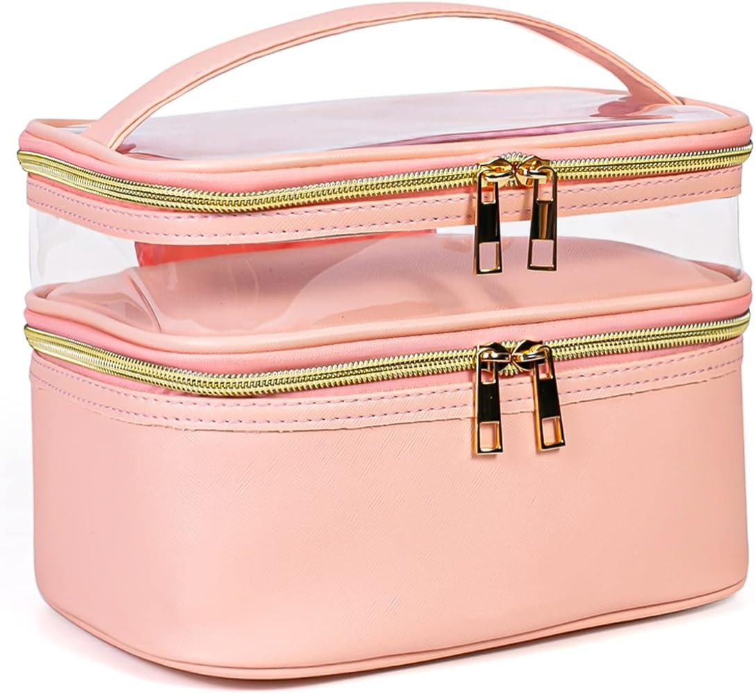 imerelez Pink Makeup Bag, Leather Double Layer Makeup Bag,Travel Accessories Toiletry Bag for Wom... | Amazon (US)
