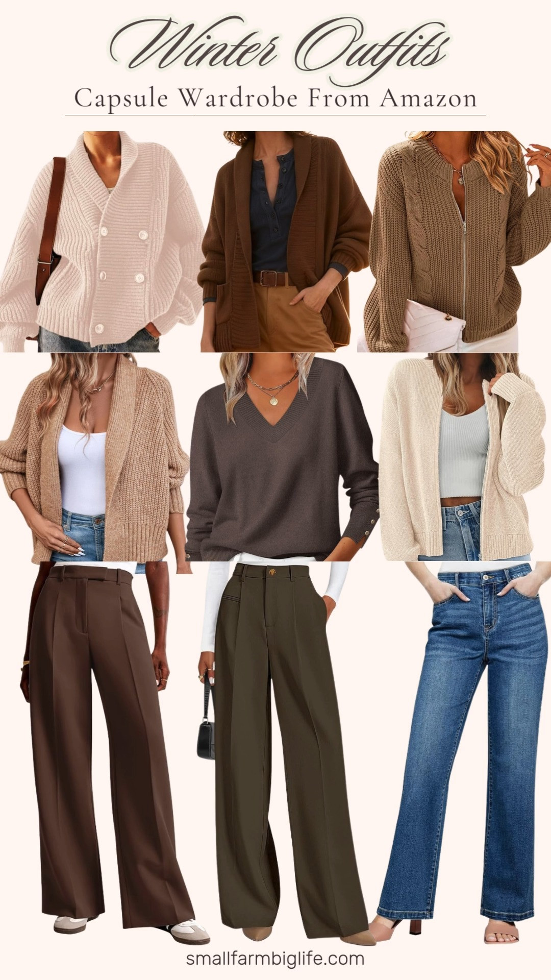 An easy winter capsule from Amazon 🤍 Zip front and cowl neck sweaters, cozy knits in brown, cream, and tan, plus classic jeans and trousers. You simply mix and match pieces for everyday winter outfits. 

 #LTKOver40 #LTKFindsUnder50