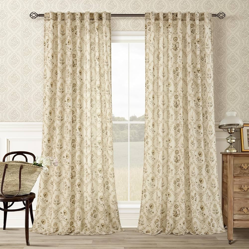Tan Brown Floral Linen Curtains for Living Dining Room 96 Inch length 2 Panels Beige Plant Flower... | Amazon (US)