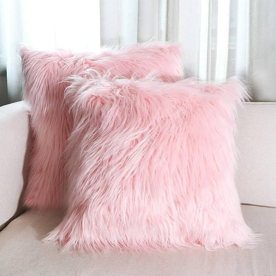 OurWarm Set of 2 Pink Fur Throw Pillows Fluffy Pillow Covers 18"x18", Faux Fur Pillow Covers Luxu... | Amazon (US)