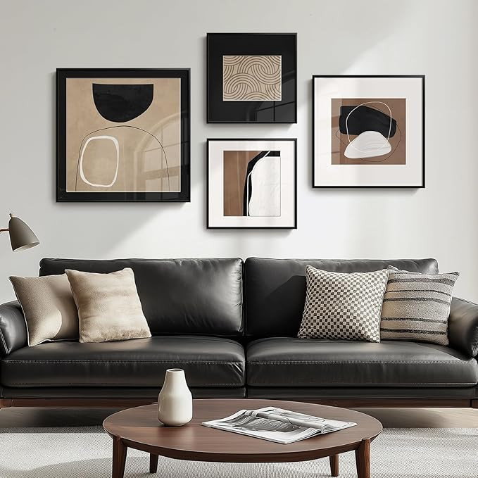 Framed Abstract Wall Art Set of 4, Large Modern Minimalist Canvas Decor Prints, Black and Brown G... | Amazon (US)