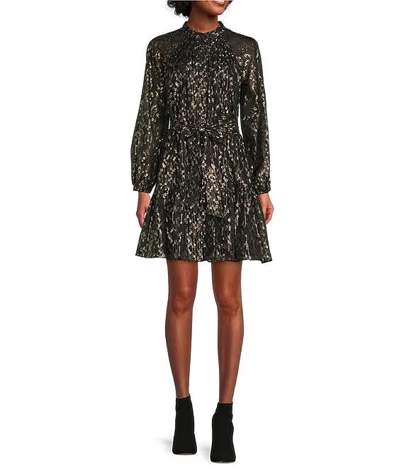 Camila Long Sleeve Mock Neck Self-Tie Belted Chiffon Metallic Dress | Dillard's