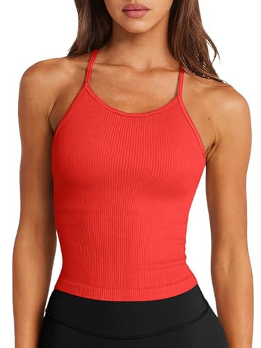 LASLULU Spaghetti Strap Sports Bras for Women - High Neck Yoga Wireless Bra Padded Cami Crop Top(Neon Orange Red Medium) | Amazon (US)