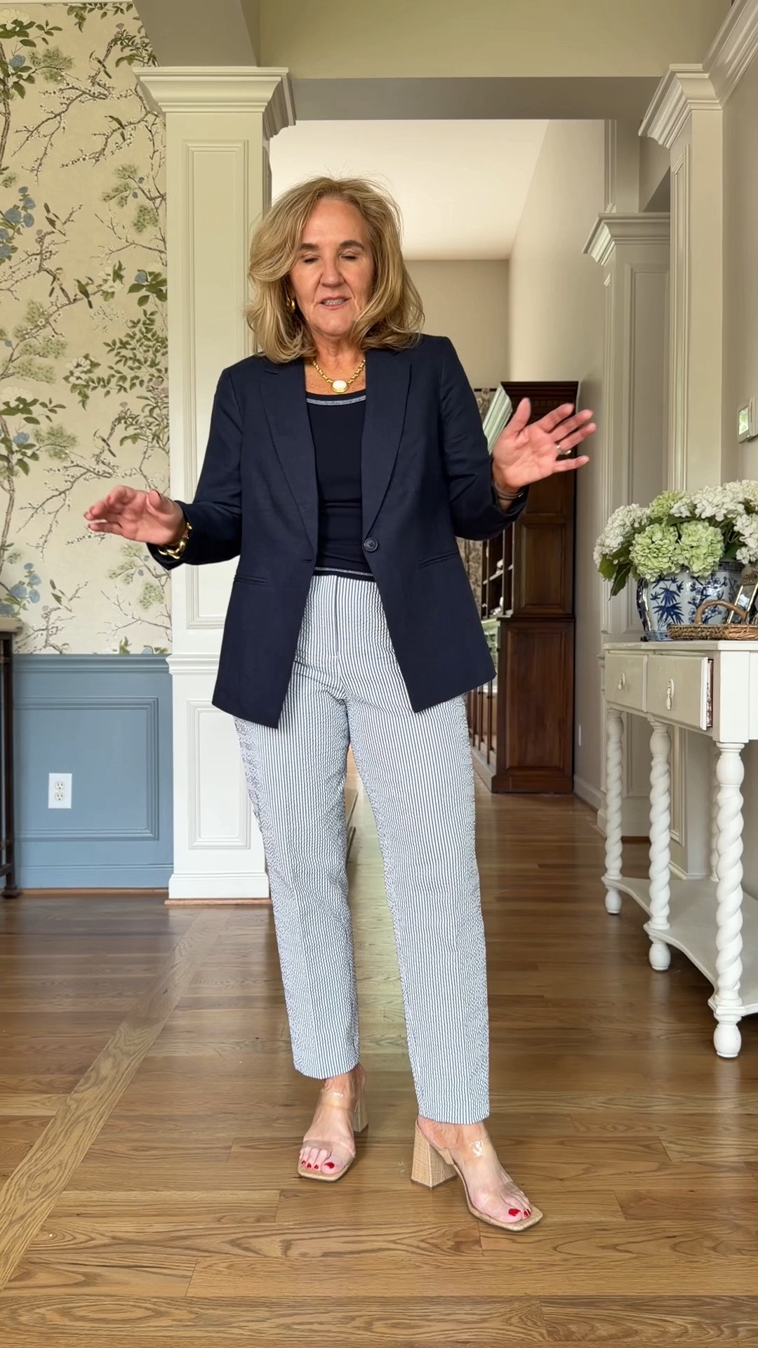 Business casual 
Lightweight navy linen blazer size 10 petite 
Seersucker pants size 6

#LTKSaleAlert #LTKOver40