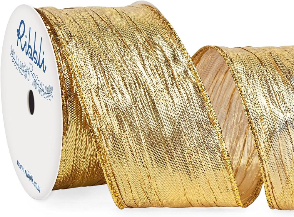 Ribbli Christmas Tree Ribbon-Gold Crinkled Wired Ribbon with Metallic Gold Edge, Christmas Ribbon... | Amazon (US)
