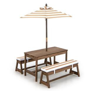 Wooden Top Brown Kids Wood Picnic Table and Bench Set w/Cushions Umbrella for Indoor Outdoor | The Home Depot