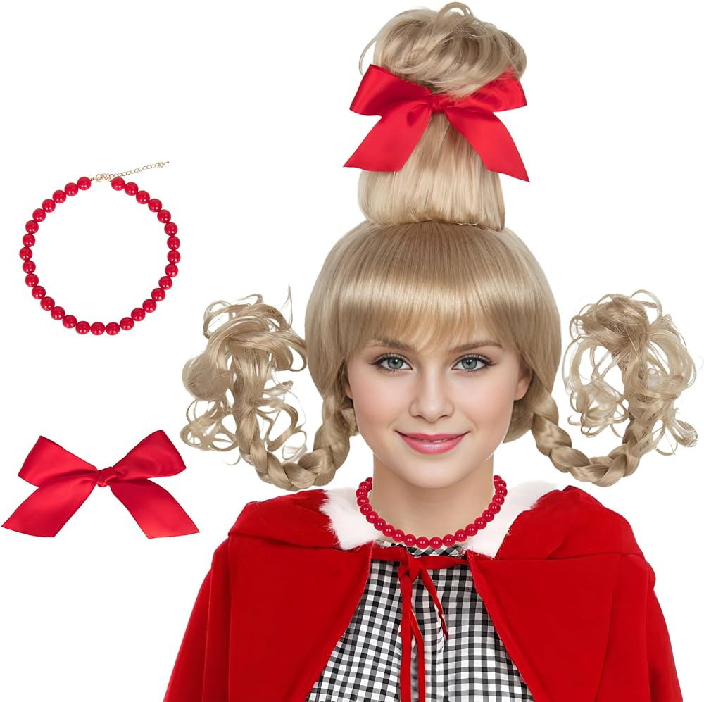 Miss U Hair Adult Women Girls Christmas Wig Long Blonde Braid Wig with Red Beads Necklace Bow | Amazon (US)