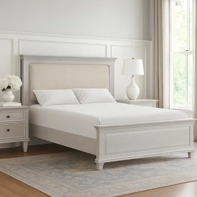 Leyne Queen Bed, Cream Upholstery, Dentil Molding Weathered Gray Wood | Wayfair North America