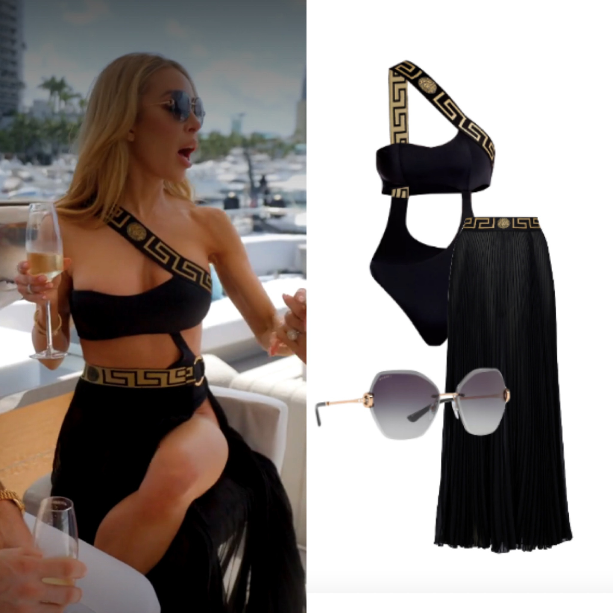Lisa Hochstein’s Black and Gold Cutout Versace Swimsuit, Cover Up Skirt and Sunglasses