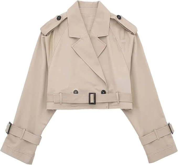 Women's Trench Coats Cropped Long Sleeve Classic Lapel Double Breasted Jacket Coat Outwear with B... | Amazon (US)