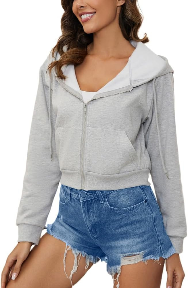 LOFAAC Women Fleece Full Zip Up Cropped Hoodie Sweatshirt 90s Long Sleeve Drawstring Hooded Crop ... | Amazon (US)