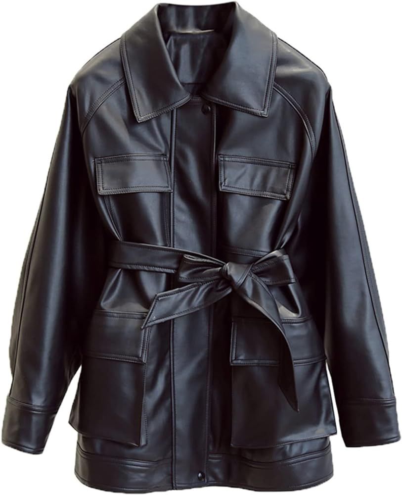 LY VAREY LIN Women Faux Leather Belted Shirt Jacket Lapel Blazer Coat with Bust Pocket | Amazon (US)