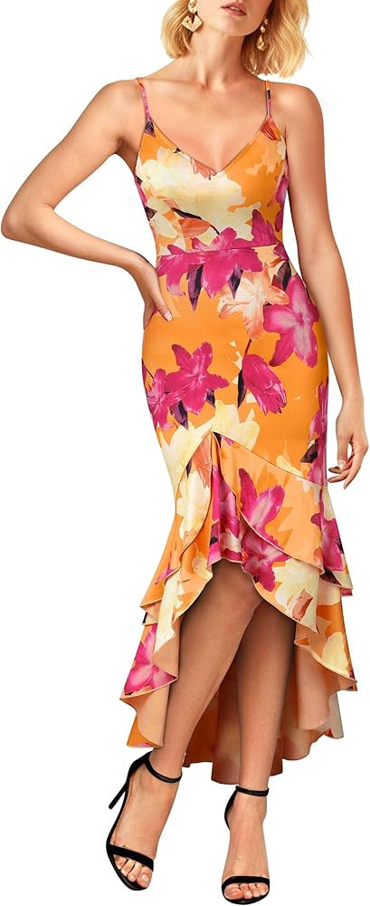 VFSHOW Womens Formal Cocktail Double Layer Ruffle High Low Dress 2026 V Neck Spaghetti Strap Beac... | Amazon (US)