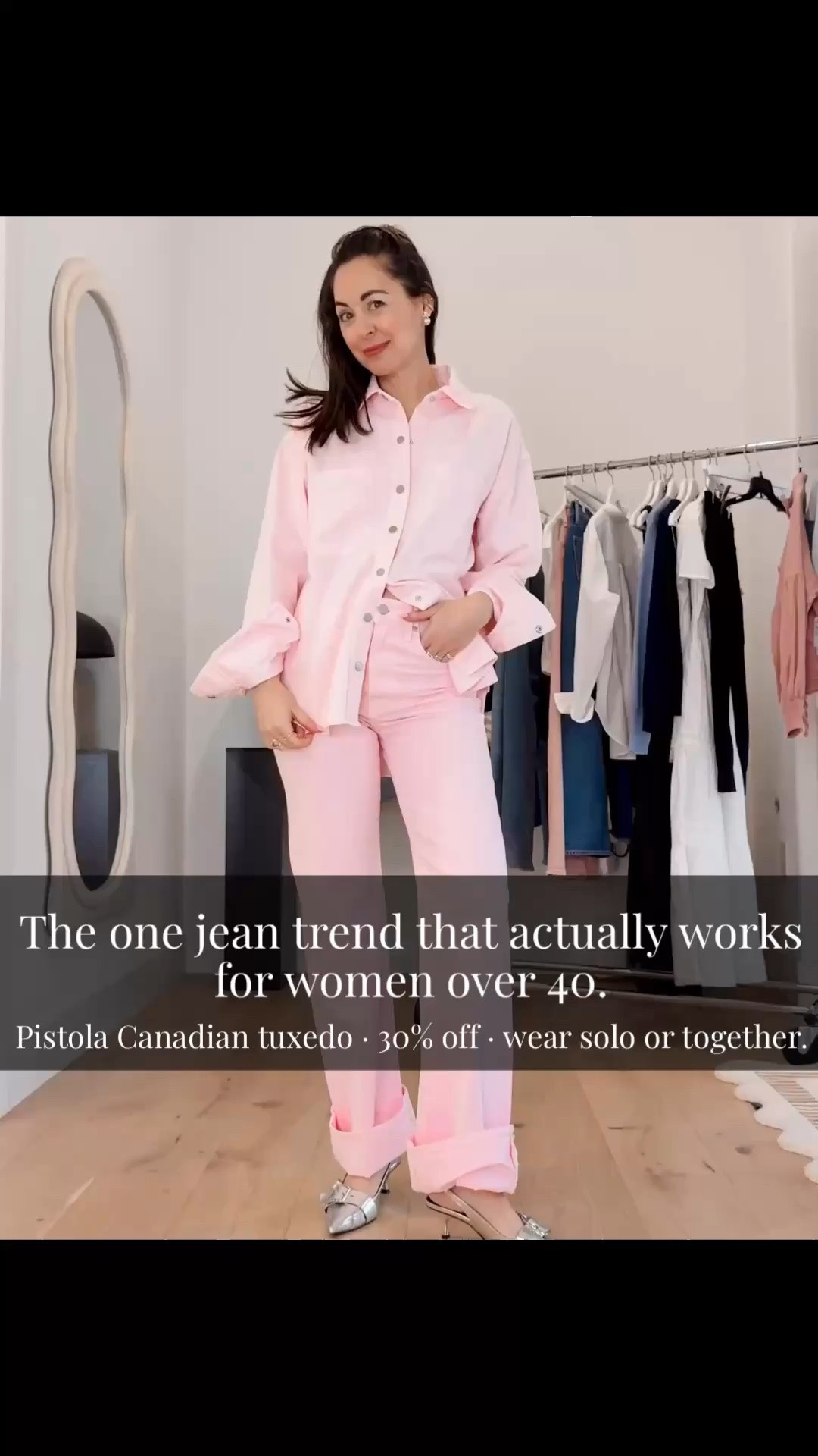 Canadian Tuxedo
I recommended these at full price. Now they're on sale at Nordstrom.
The one jean trend that actually works for women over 40 — Pistola Canadian tuxedo 30% off. Wear the pieces solo or together.