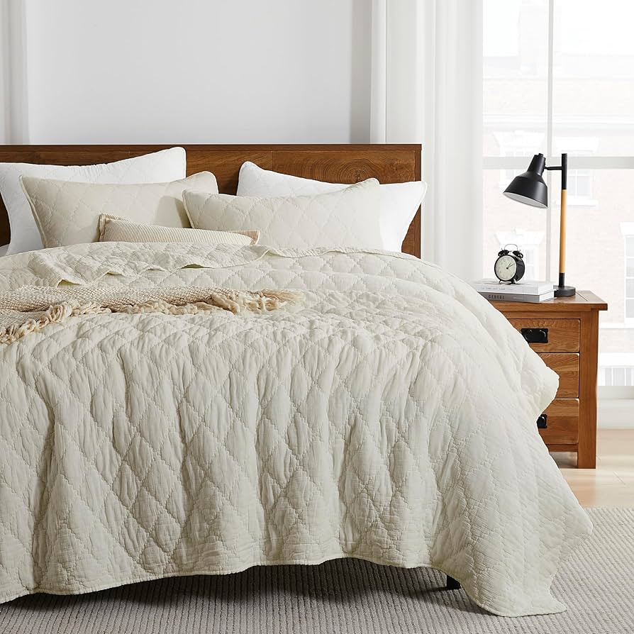 palassio Beige King Size Quilt Set, Muslin Cotton Shell Down-Alt Poly Filling, Soft Shabby Chic R... | Amazon (US)