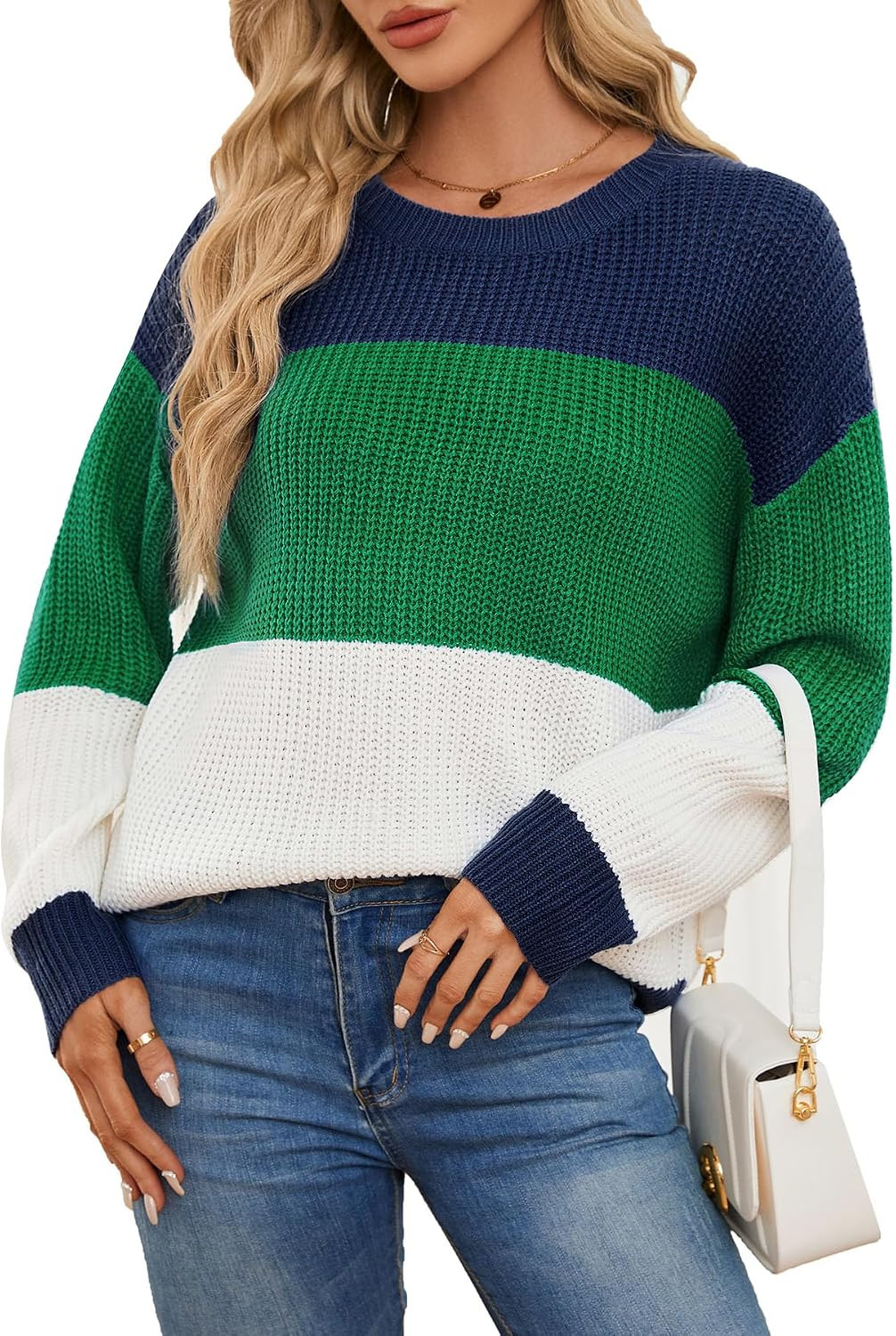 Women's Striped Color Block Sweater Long Sleeve Crewneck Casual Loose Fit Soft Knit Sweater Pullover Tops | Amazon (US)
