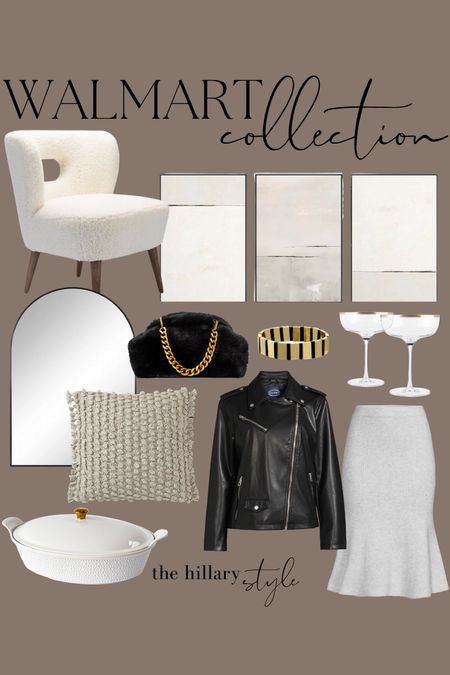 Walmart Collection: Boucle Accent Chair // Abstract Art // Arched Mirror // Textured Throw Pillow // Faux Leather Jacket // Knit Skirt // Fuzzy Handbag // Gold Rimmed Glasses // Gold Bracelet // White Oval Dish

#LTKstyletip #LTKFind #LTKhome