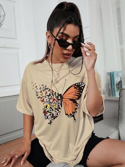 Butterfly Print Drop Shoulder Tee | SHEIN