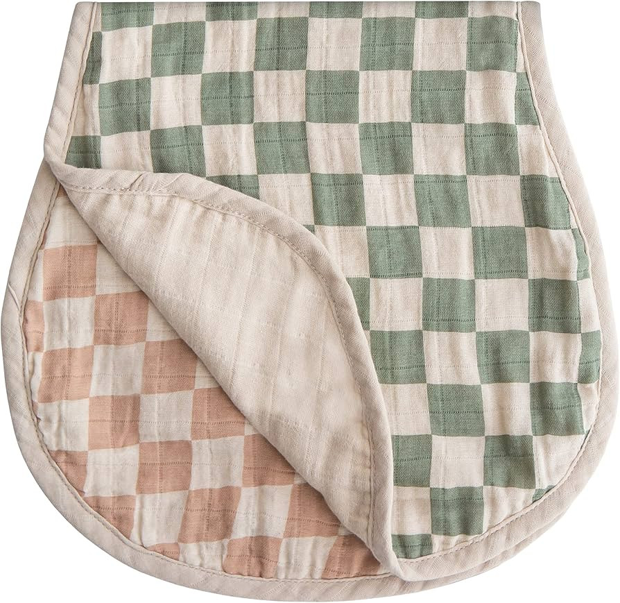 mushie Muslin Baby Burp Cloths | 100% Organic Cotton, Set of 2 (Olive Check/Natural Check) | Amazon (US)