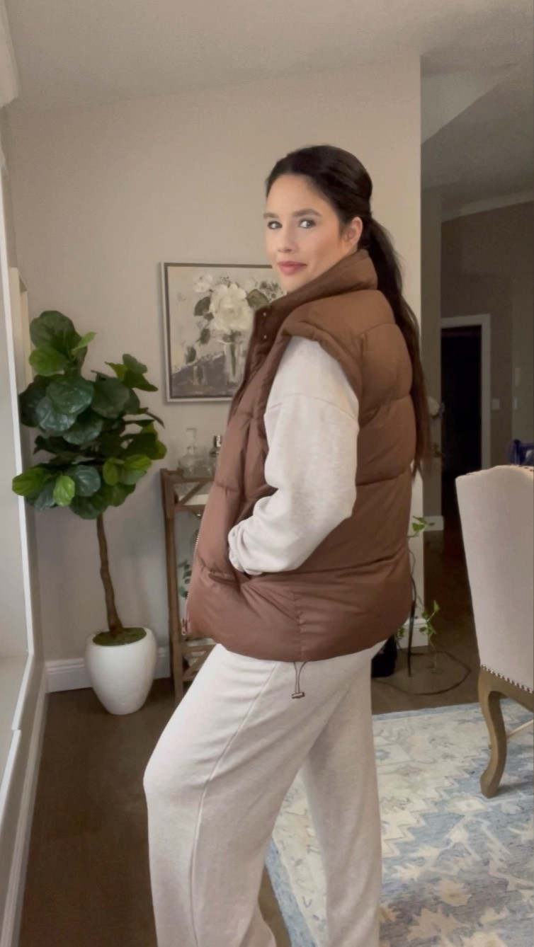 Target lounge set. Wearing a size large in top, medium in pants. Wearing size medium, and the brown puffer vest from Amazon. 

#LTKFindsUnder50 #LTKSaleAlert #LTKSeasonal