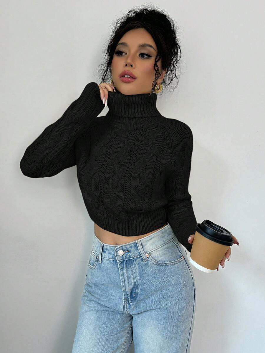 SHEIN Privé Women Casual Solid Color High Neck Long Sleeve Knitted Sweater, Autumn/Winter | SHEIN