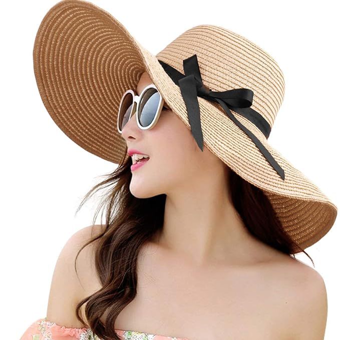 Womens Straw Hat Wide Brim Floppy Beach Cap Adjustable Sun Hat for Women UPF 50+ | Amazon (US)