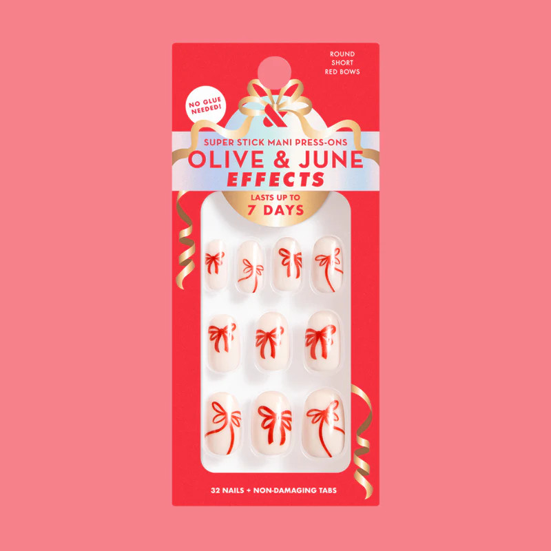 Red Chrome Bows - Tab Press-On | Short | Round | Olive & June