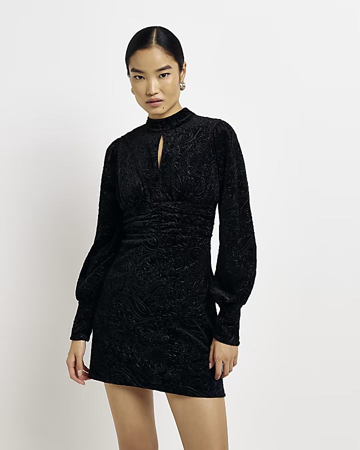 Black paisley velvet bodycon mini dress | River Island (US)